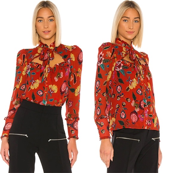 Alexis Elodie Red Floral Open Neck Tie Front Top, Size L